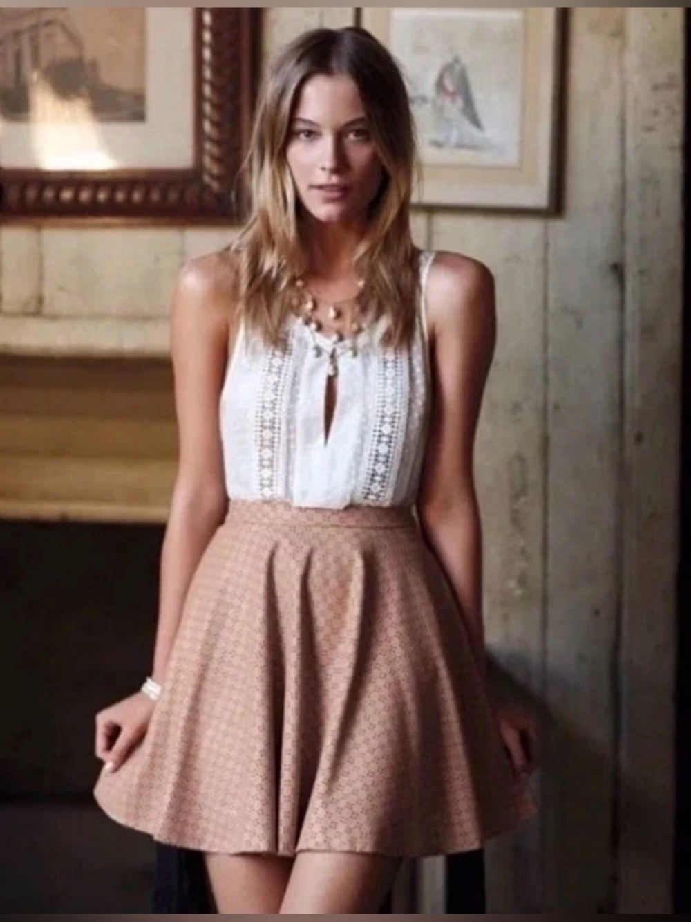 Anthropologie Sunday in Brooklyn Eyelet Mini Swing Skirt Sz 8 Blush Pink/Beige - Picture 1 of 16